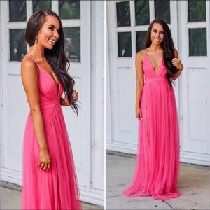 Elegant Hot Pink/ Coral Evening Gown Tulle Maxi Dress w Leg Slits